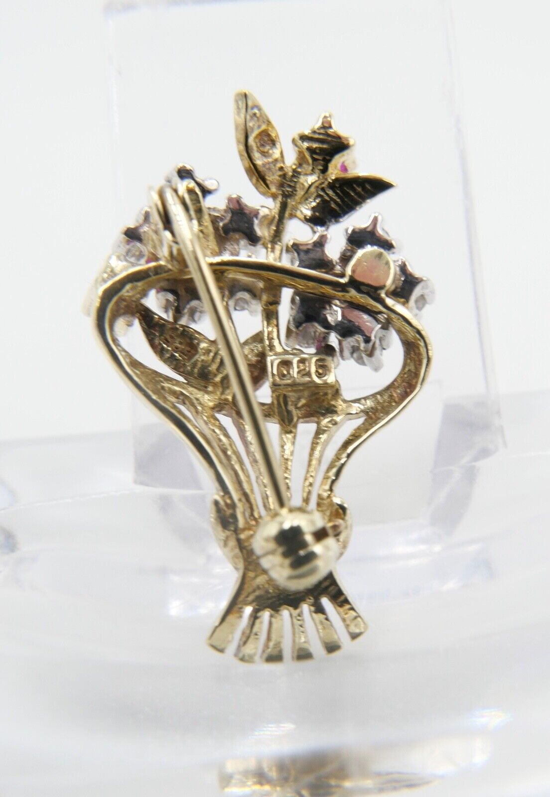 1980er florale Blumenkor 585 14K Bicolor Gold Brosche Brillanten Rubinen Saphire - Antikhandel-Stuttgart