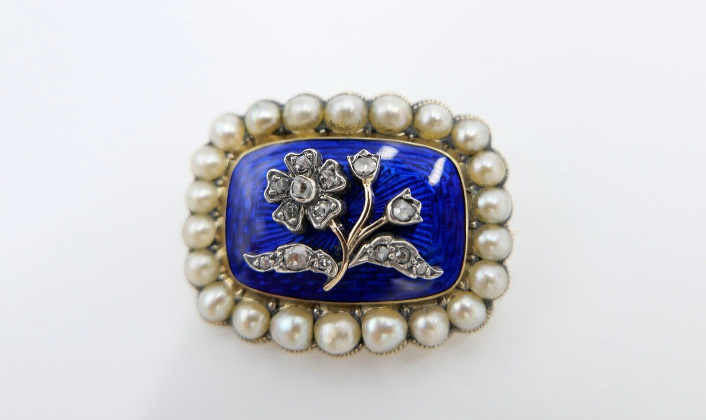 1850 antike Brosche 750 18K Gold viktorianisch floral Diamanten Perlen Emaille - Antikhandel-Stuttgart