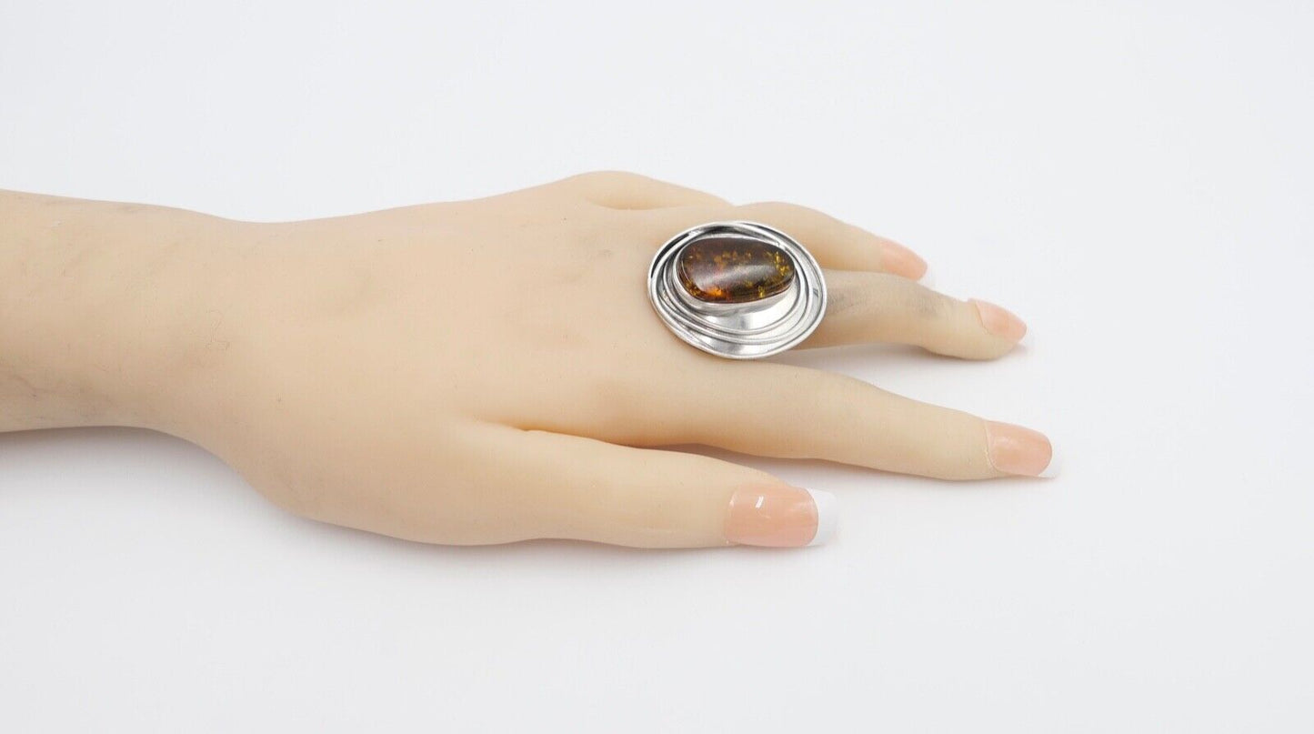 80er Jahre Designer Ring Bernstein Silber 925 Gr. 58 Frauenkopf W Warschau Polen - Antikhandel-Stuttgart