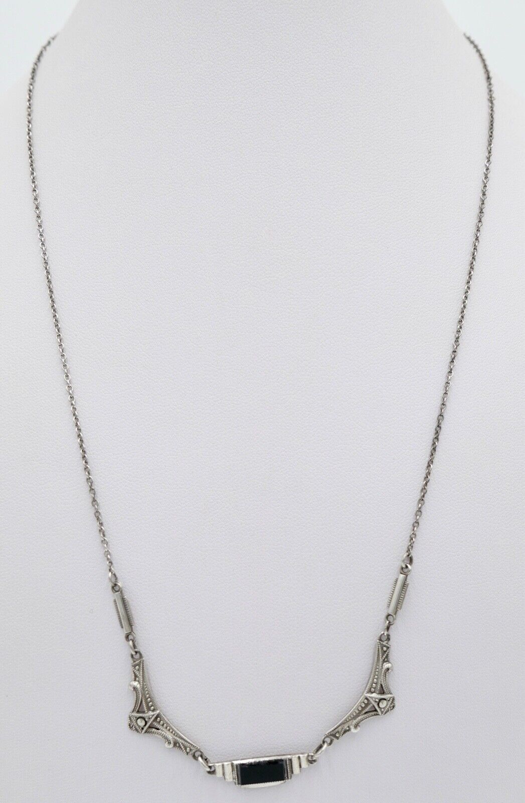 Antike filigrane 800 Silber Kette Collier 50 cm mit Markasiten und Onyx - Antikhandel-Stuttgart