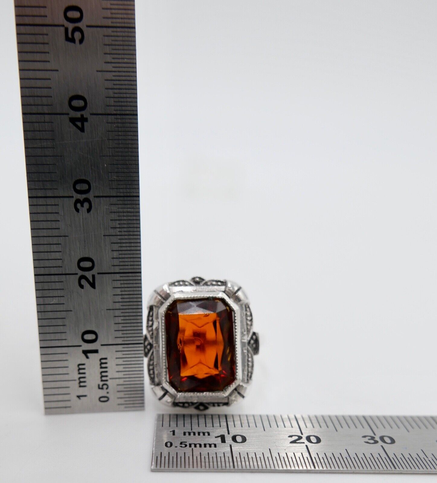 ART DECO Damen Ring Silber 835 großer rot braune Glasstein Scherenschliff Gr. 58 - Antikhandel-Stuttgart