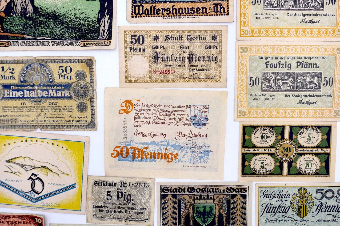 Posten 21 Notgeld Scheine 5 10 25 50 Pfennig 1 2 Mark teilweise UNC unzirkuliert - Antikhandel-Stuttgart