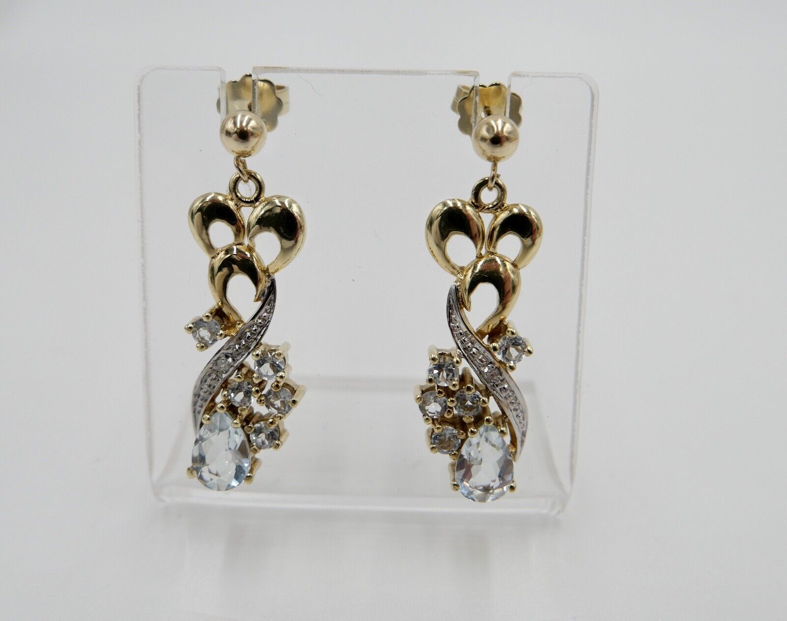 80er Jahre Ohrringe Ohrhänger GOLD 585 / 14K mit Aquamarin und Quarz - Antikhandel-Stuttgart