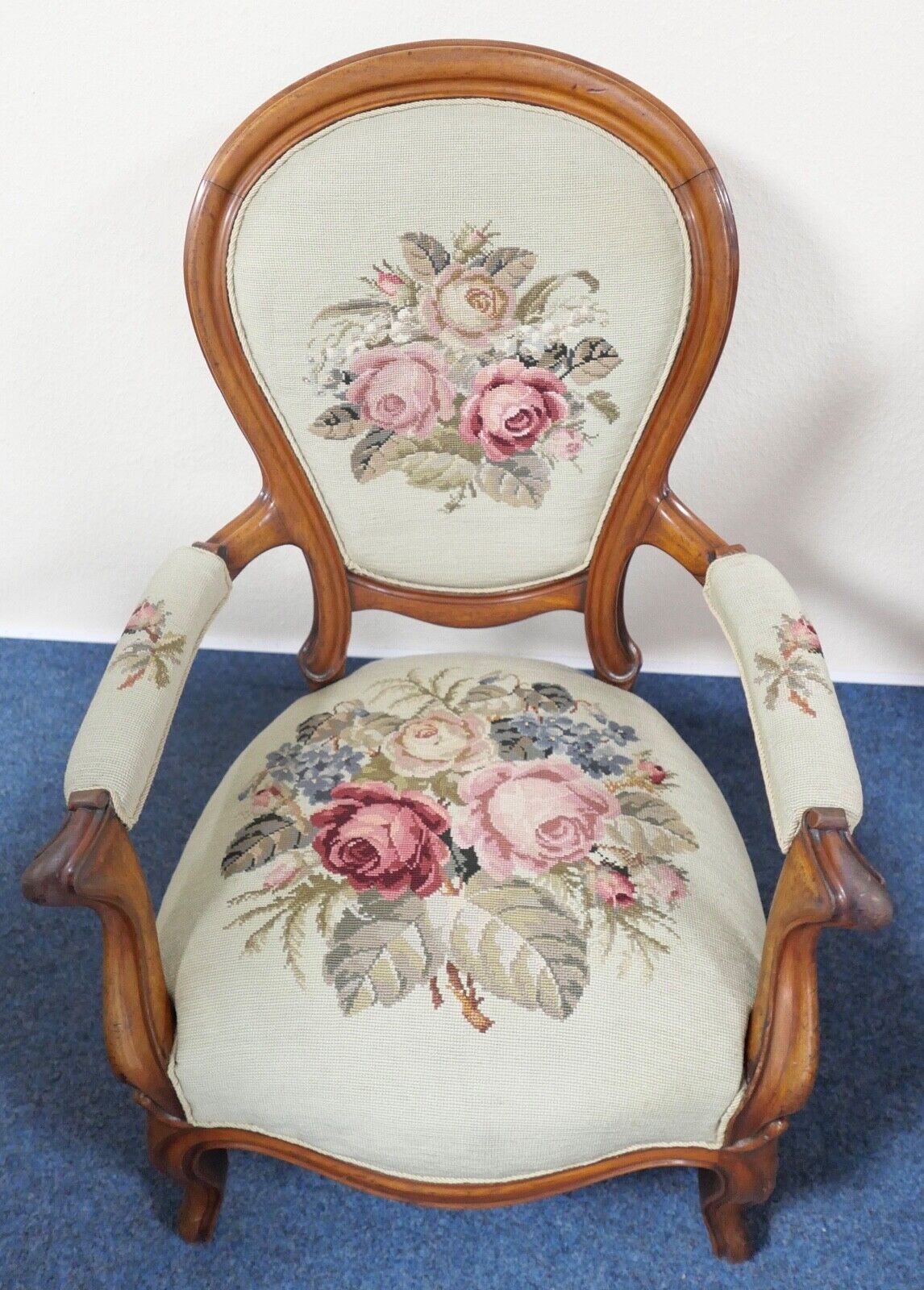 antik massiver Biedermeier Gobelin um 1850 Stuhl Sessel Kissen Blumenbukett - Antikhandel-Stuttgart