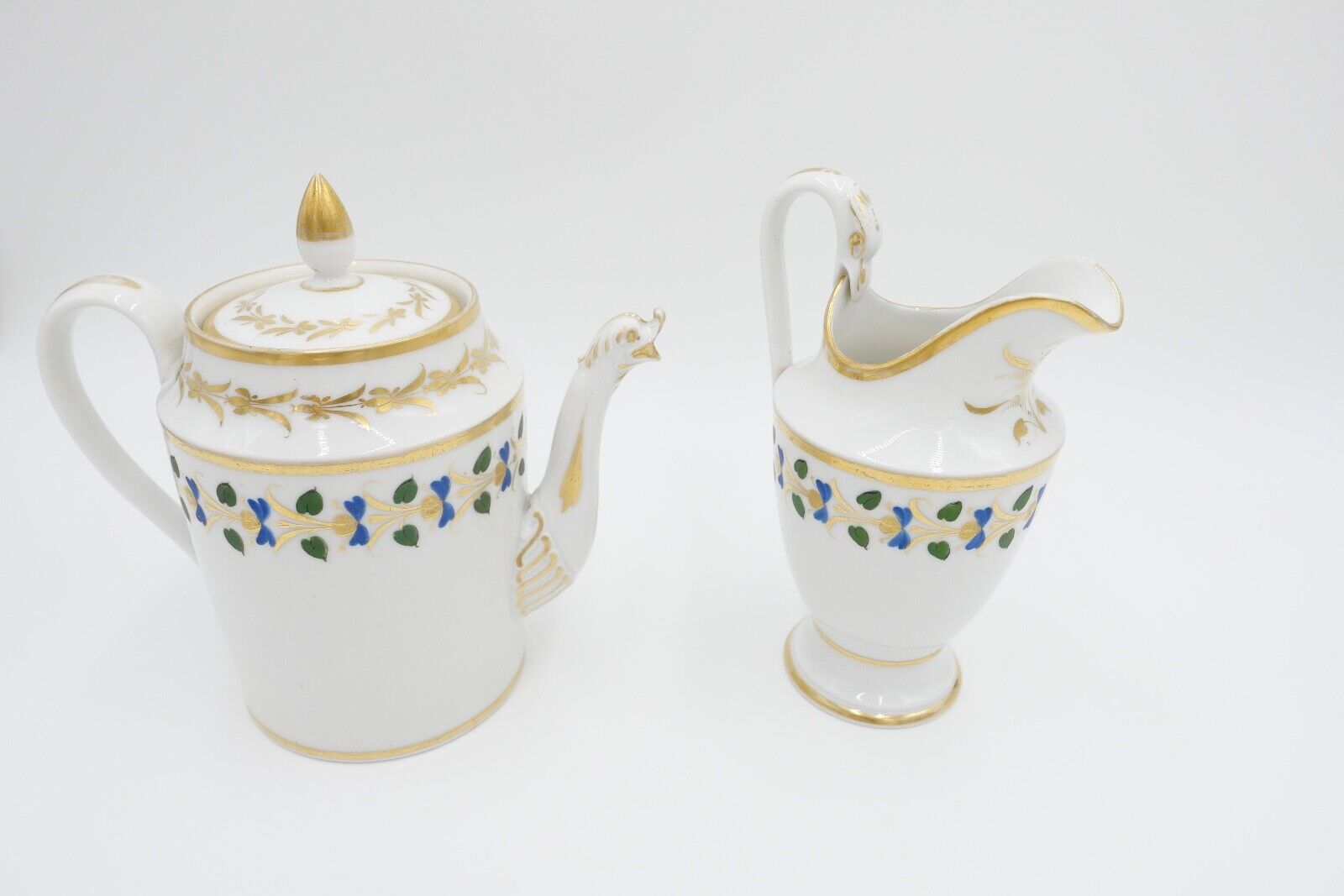 um 1830 antik Biedermeier Porzellan Kaffee & Milchkanne Schwanenhals Goldrand - Antikhandel-Stuttgart
