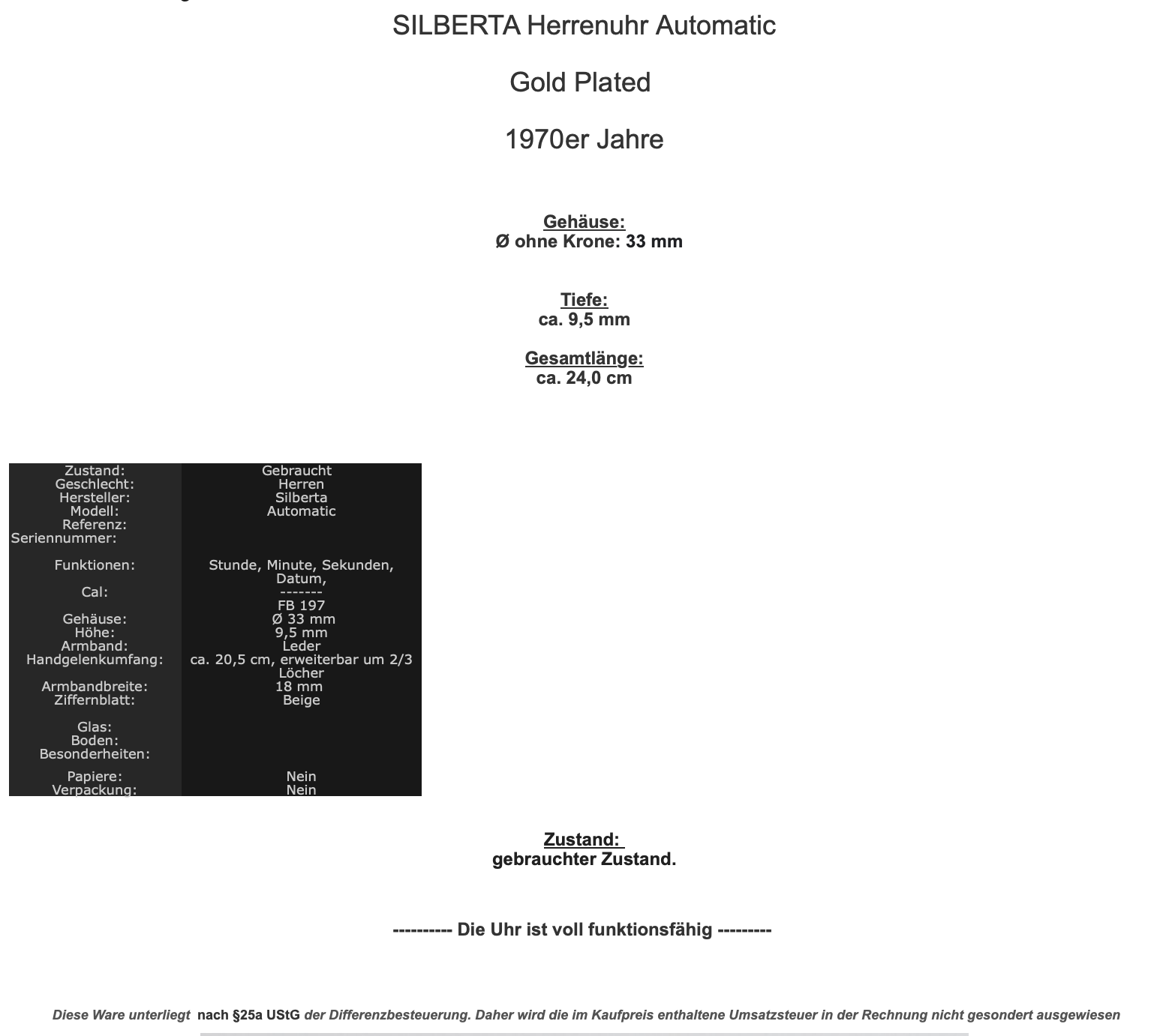 SILBERTA Gold Plated 1970er Jahre Herrenuhr Ø 33 mm Automatic FB197 - Antikhandel-Stuttgart