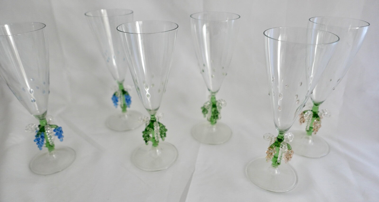6x Lauscha Bimini Sekt Glas Gläser Set Art Deco 17 cm buntes Traubenmotiv