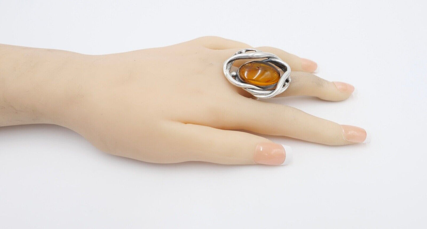 80er Jahre Designer Ring Bernstein Silber 925 Gr. 59 Frauenkopf G Danzig Polen - Antikhandel-Stuttgart