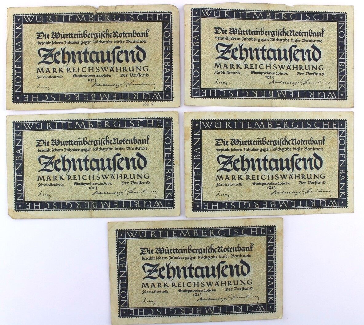 5x WTB 13 Banknote 10000 Mark 1923 old Bill Ro. Württembergische Notenbank - Antikhandel-Stuttgart