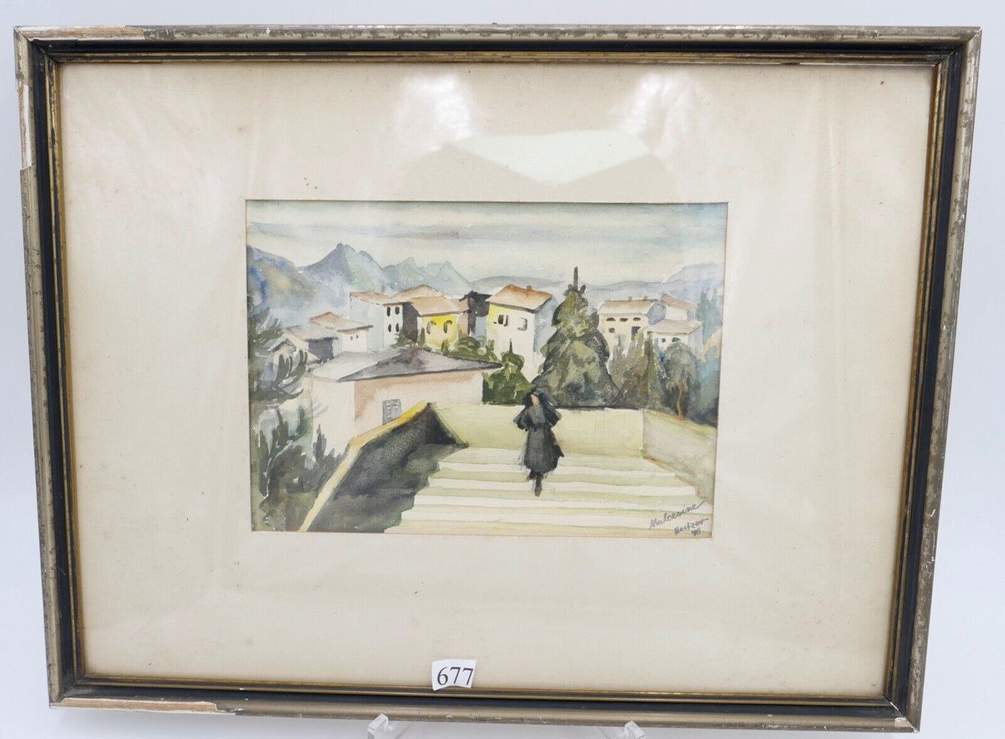 1940 Else Hertzer Aquarell signiert Malcesine Gardasee Frau Treppe 42x32 cm - Antikhandel-Stuttgart