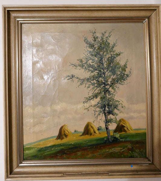 Ölgemälde 60x55 cm signiert Landschaft BAUM FELD Heuhügel - Antikhandel-Stuttgart