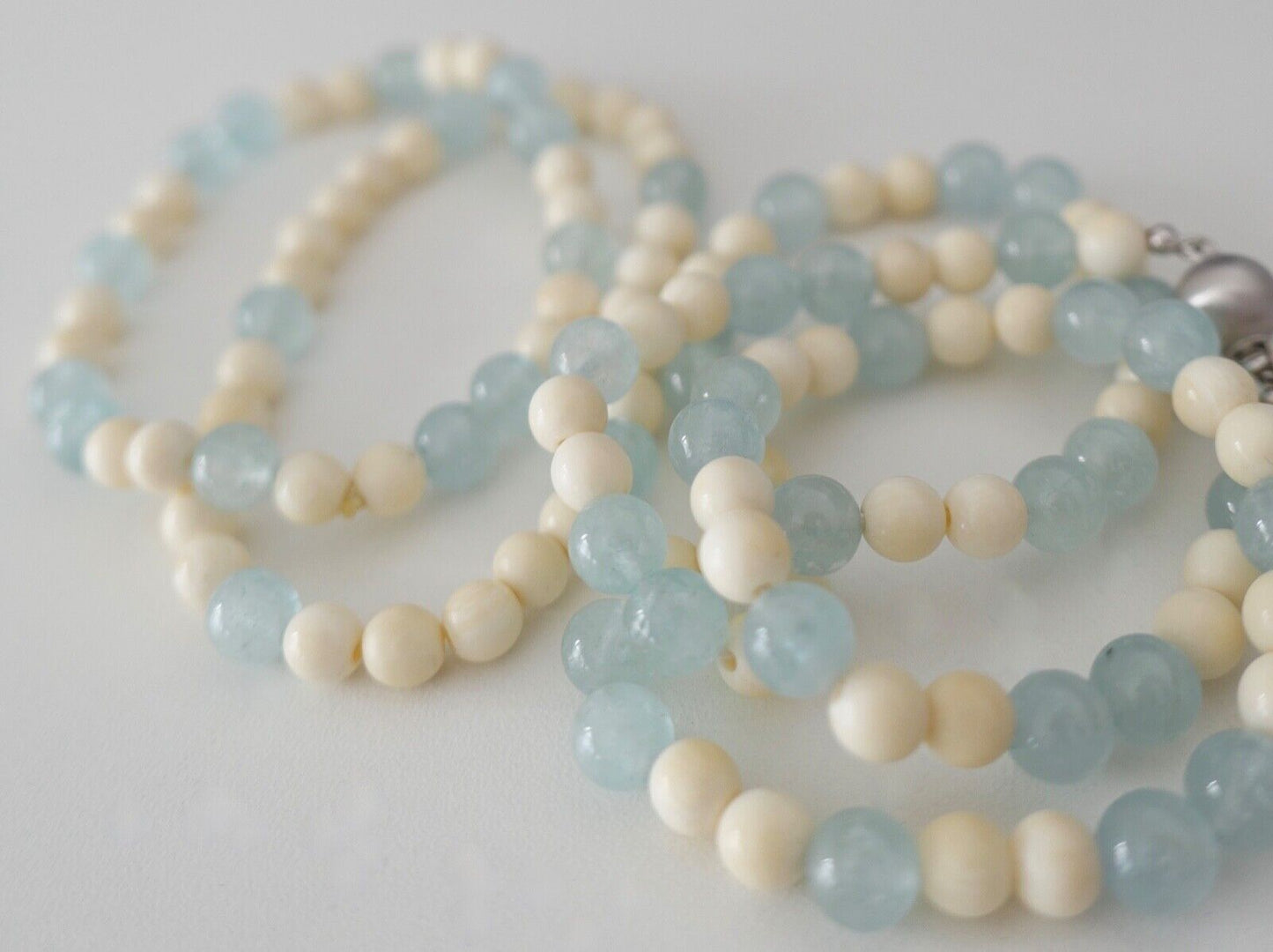 SET 3 Teilig Armband & Kette 55 cm Bein & Aquamarin 585 / 14K Gold - Antikhandel-Stuttgart