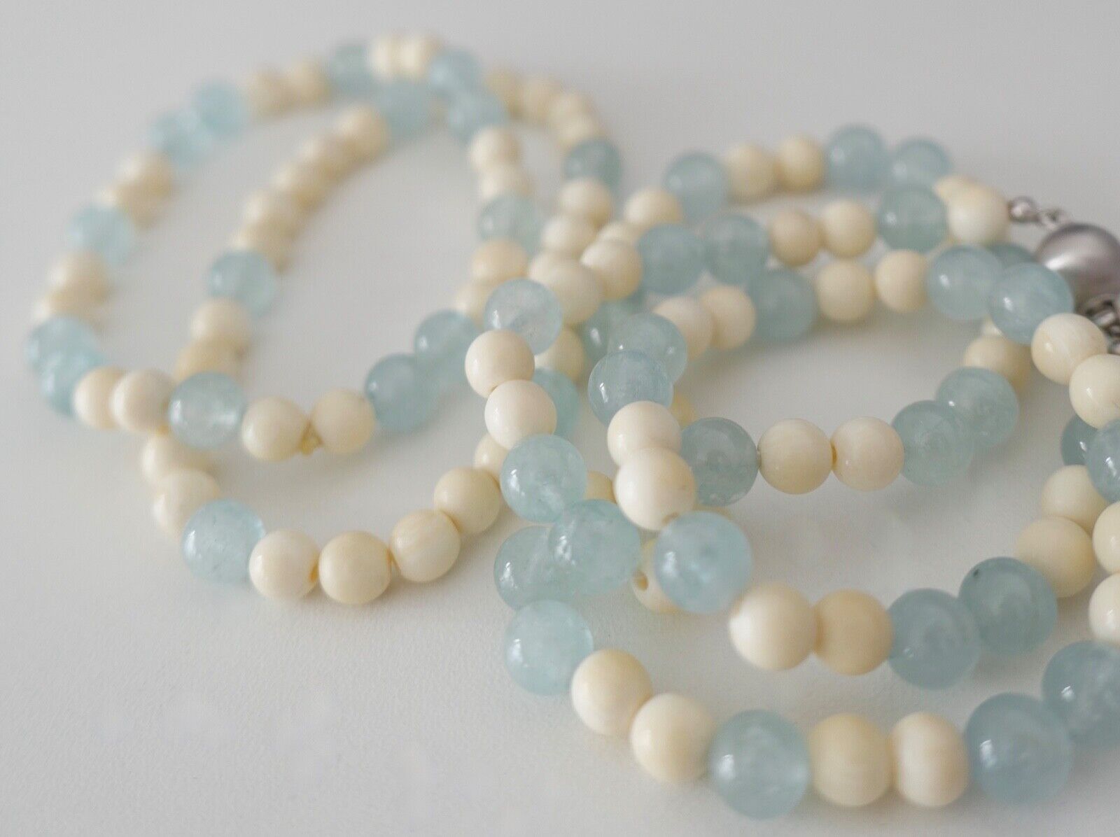 SET 3 Teilig Armband & Kette 55 cm Bein & Aquamarin 585 / 14K Gold - Antikhandel-Stuttgart