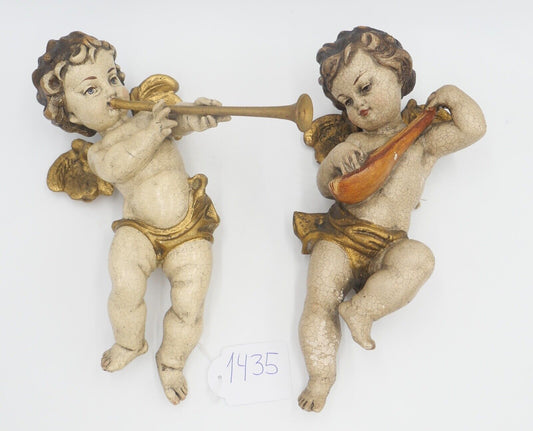 2x musizierende Putti / Putto Holzschnitzerei Engel farbig Holz Holzengel - Antikhandel-Stuttgart