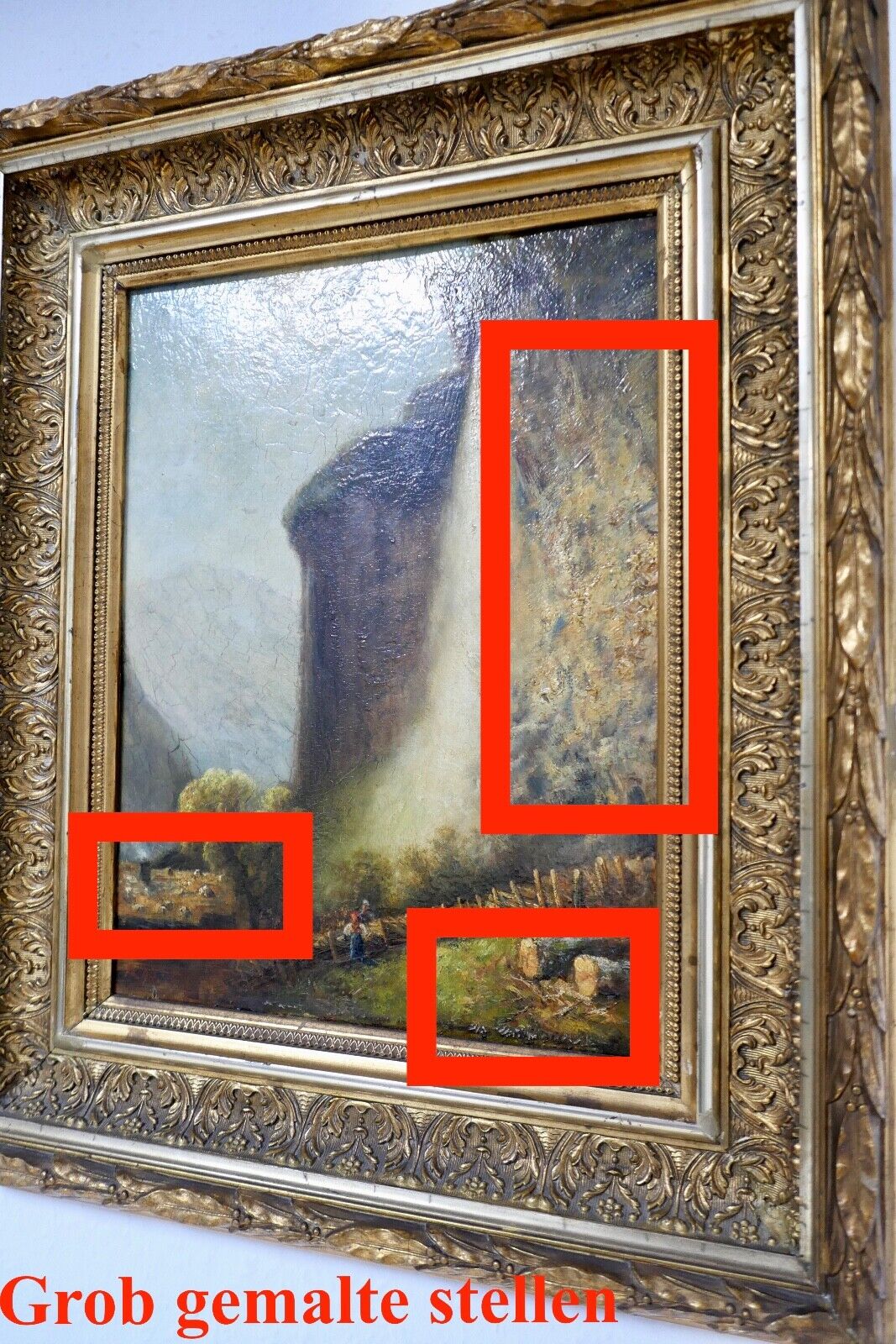 antikes Gemälde Berghütte Landschaft Öl Holz Prunkrahmen 51x42cm signiert R99 - Antikhandel-Stuttgart