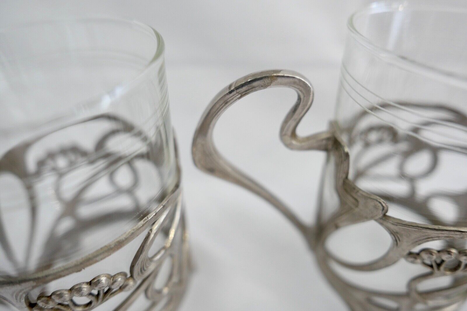 Set 6x Jugendstil Teeglashalter versilbert mit Schott Mainz JENAer Glas um 1900 - Antikhandel-Stuttgart