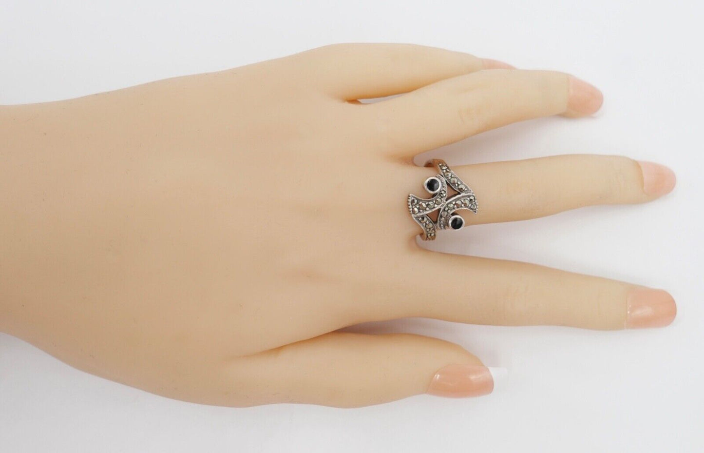 80er Jahre Silberring Markasit und Onyx Gr. 54 vintage - Antikhandel-Stuttgart