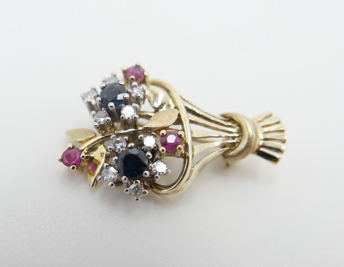 1980er florale Blumenkor 585 14K Bicolor Gold Brosche Brillanten Rubinen Saphire - Antikhandel-Stuttgart