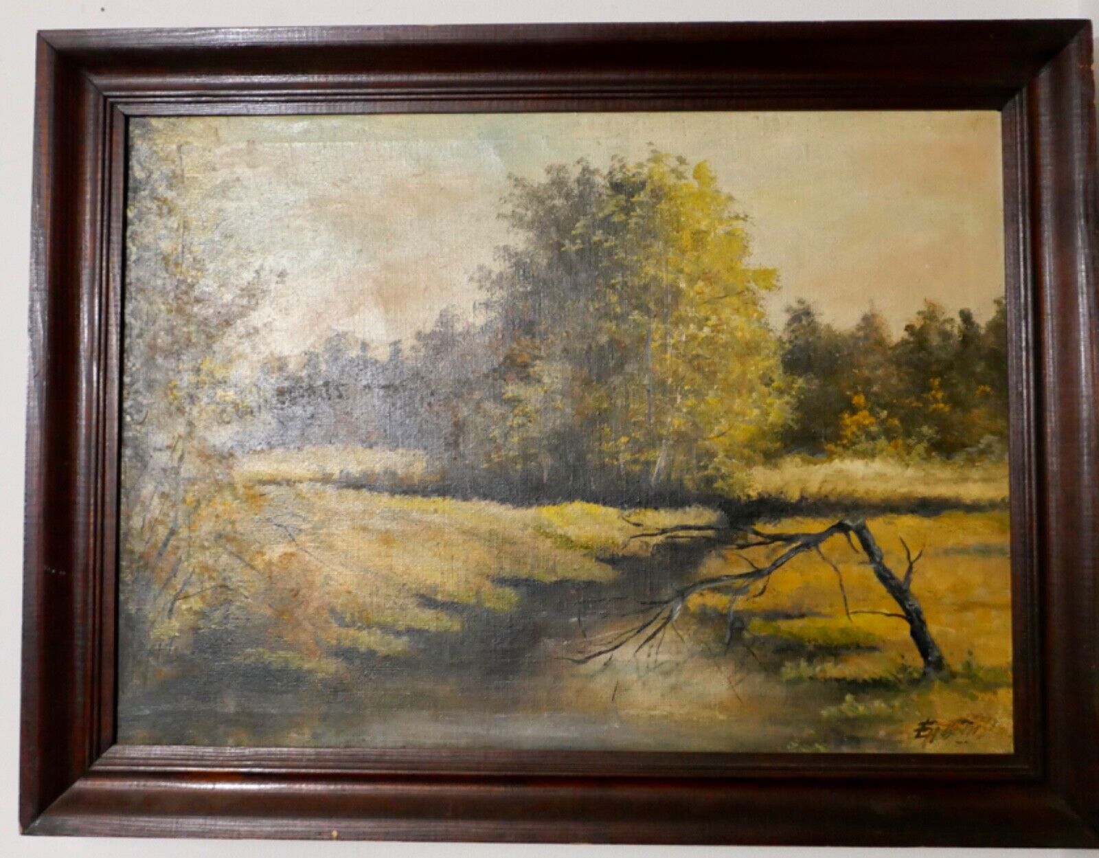 Ölgemälde 69x53cm Landschaft signiert Wald Bach Leinwand - Antikhandel-Stuttgart