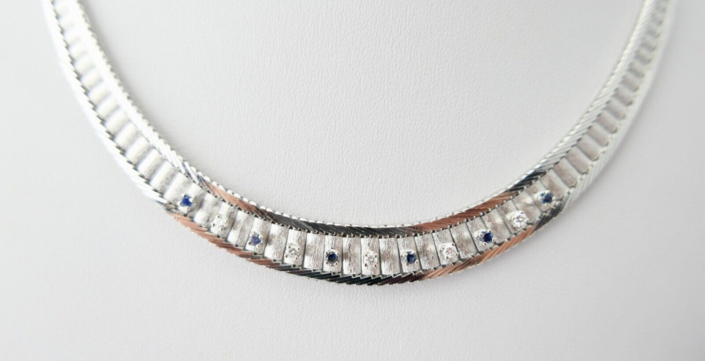 Massives Weißgold Brillant & Saphir Collier 585 14K Klassiker 1970er Jahre 45 cm - Antikhandel-Stuttgart