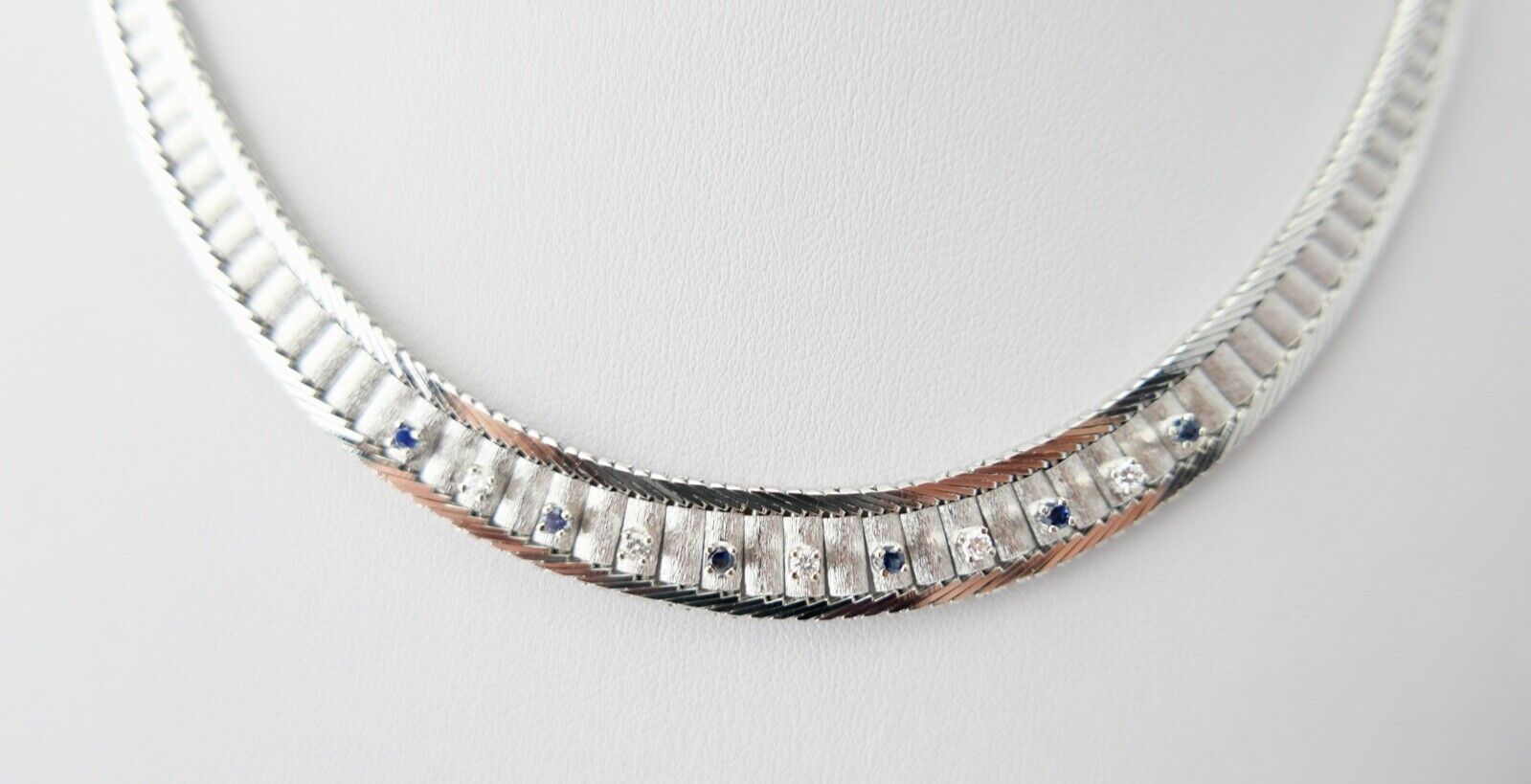 Massives Weißgold Brillant & Saphir Collier 585 14K Klassiker 1970er Jahre 45 cm - Antikhandel-Stuttgart