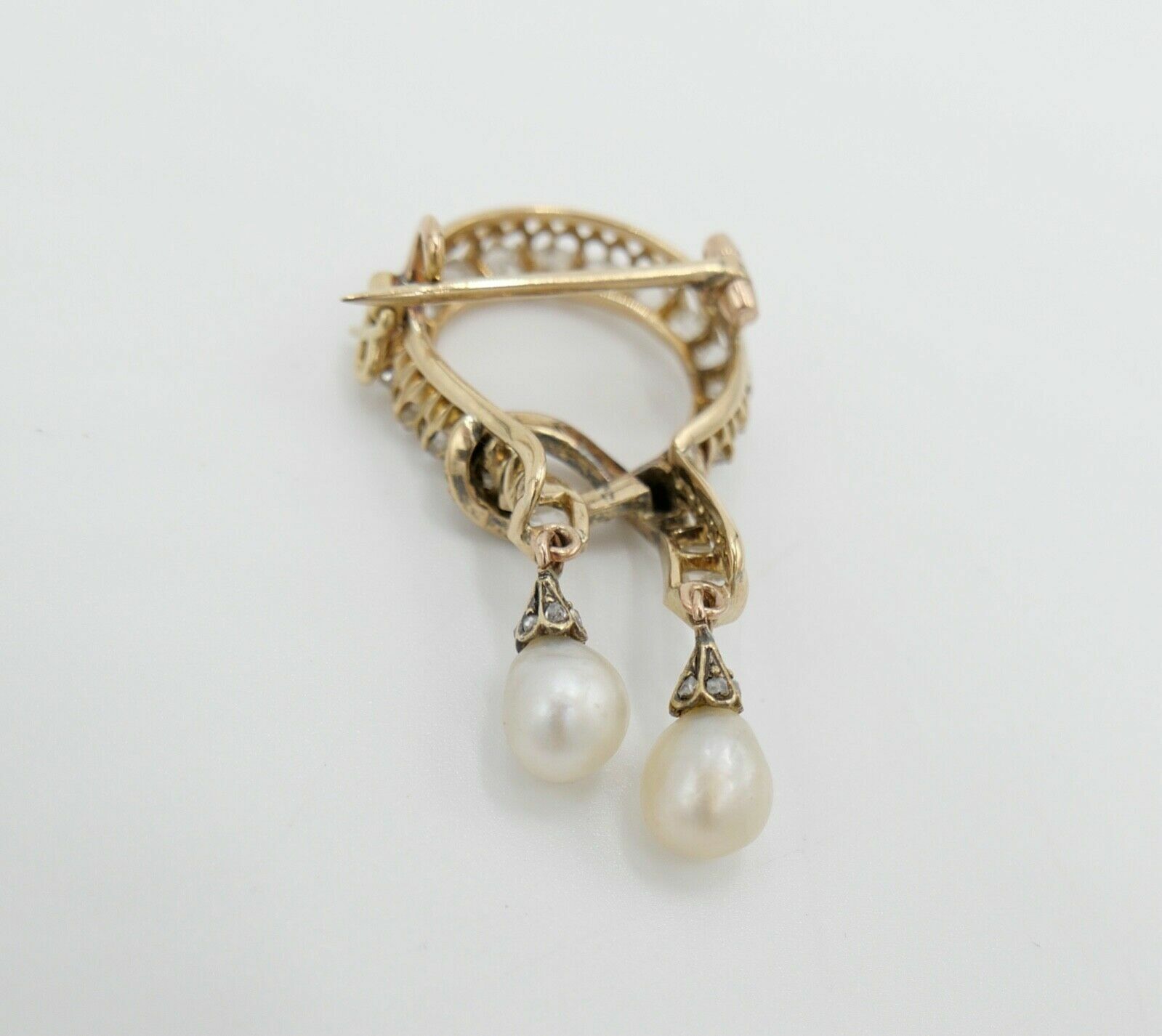 Antike um 1850 Gold Diamant Perle Schleifen Brosche 2,3Ct 585 14K Rosenschliff - Antikhandel-Stuttgart