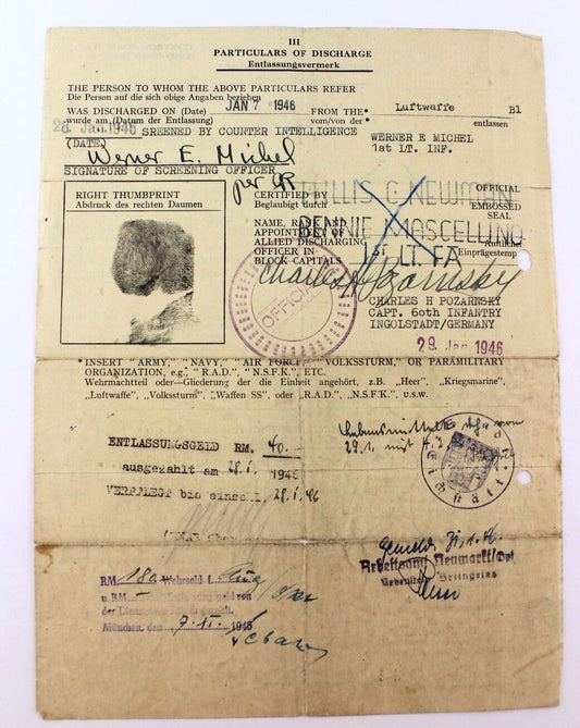 Entlassungsformular Kriegsgefangenschaft 2. WK 1946 WW release from captivity WW - Antikhandel-Stuttgart