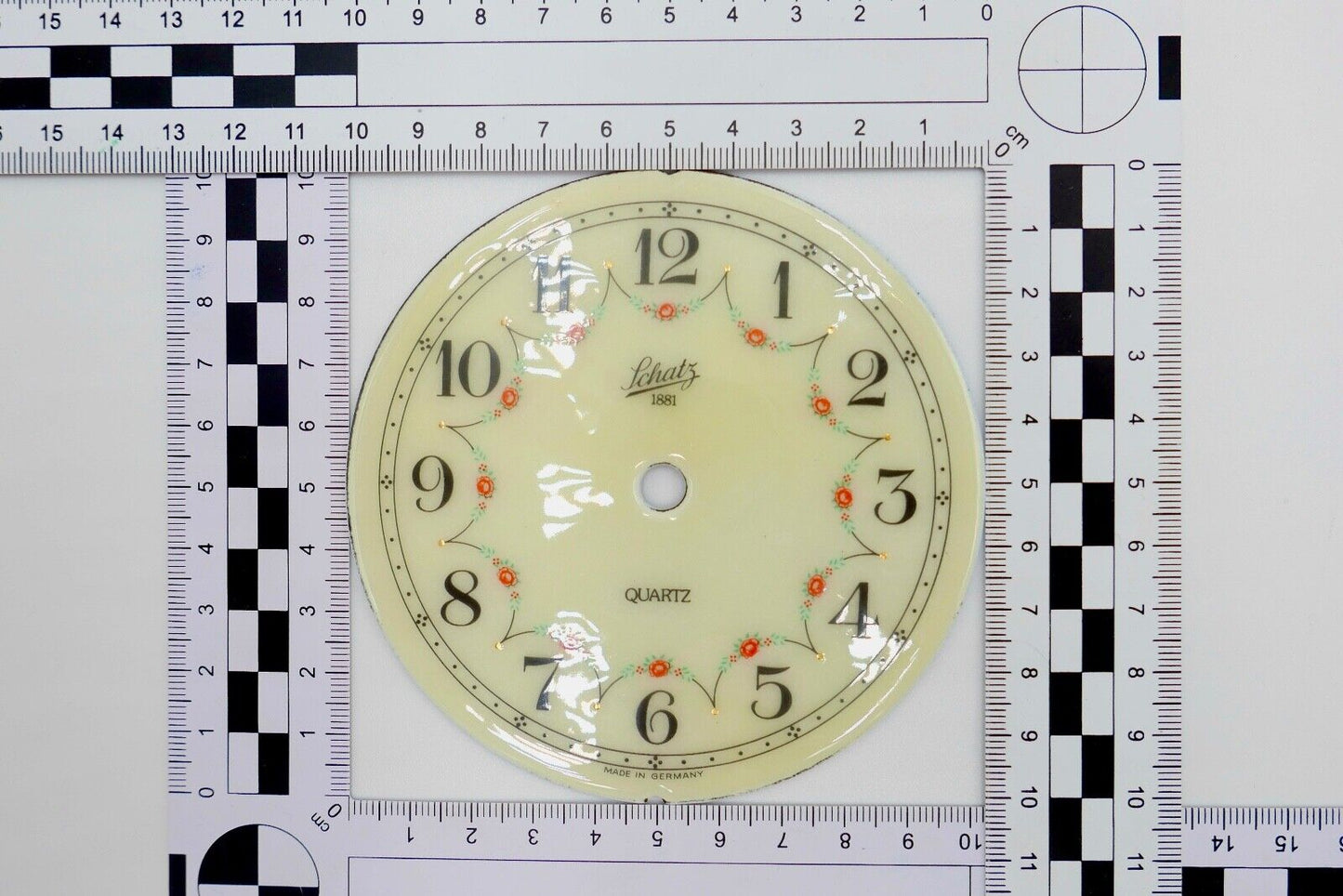 Zifferblatt Ø 102mm NEU Emaille SCHATZ 1881 QUARTZ für Kaminuhr Tischuhr usw. - Antikhandel-Stuttgart