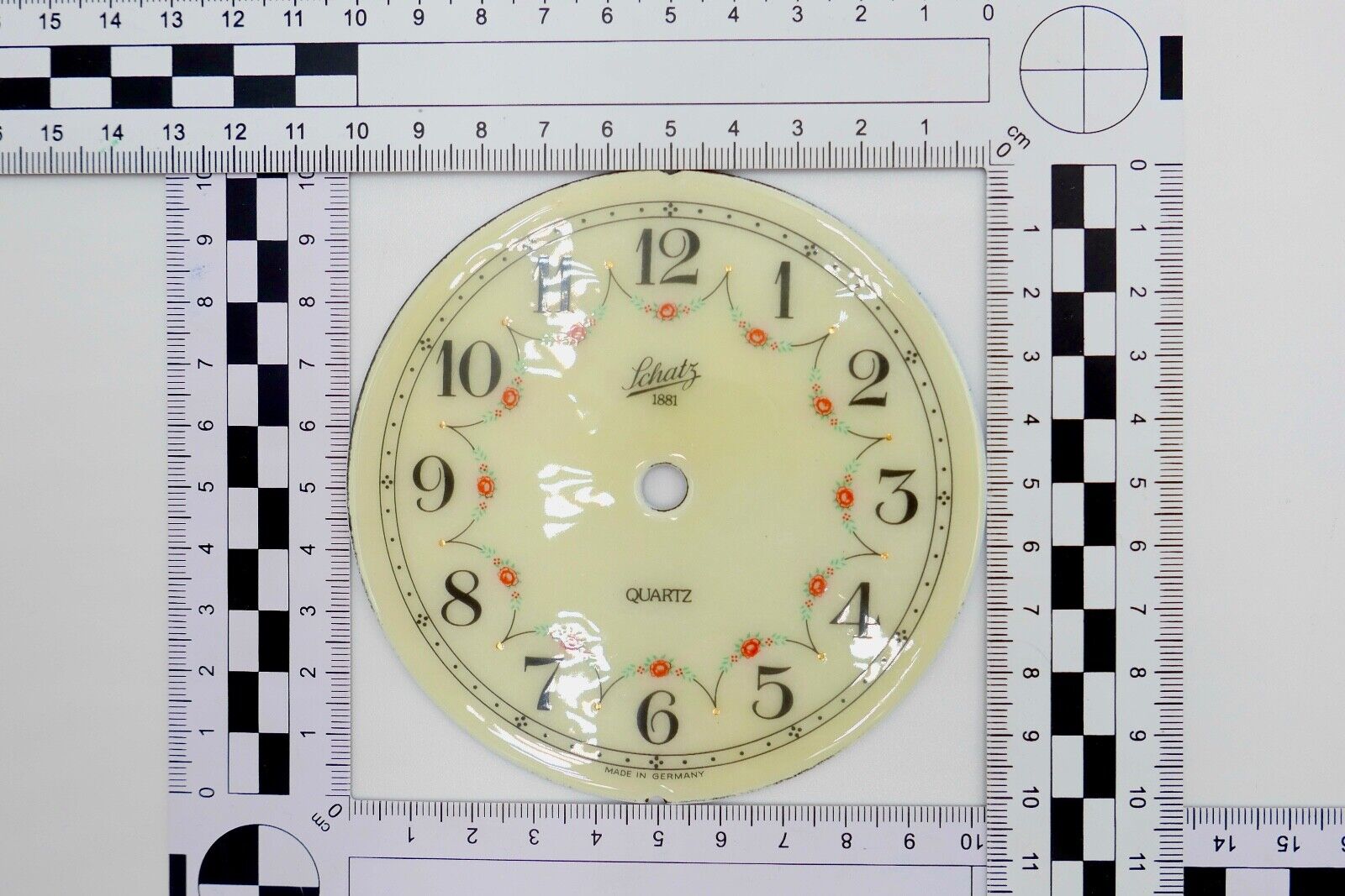 Zifferblatt Ø 102mm NEU Emaille SCHATZ 1881 QUARTZ für Kaminuhr Tischuhr usw. - Antikhandel-Stuttgart