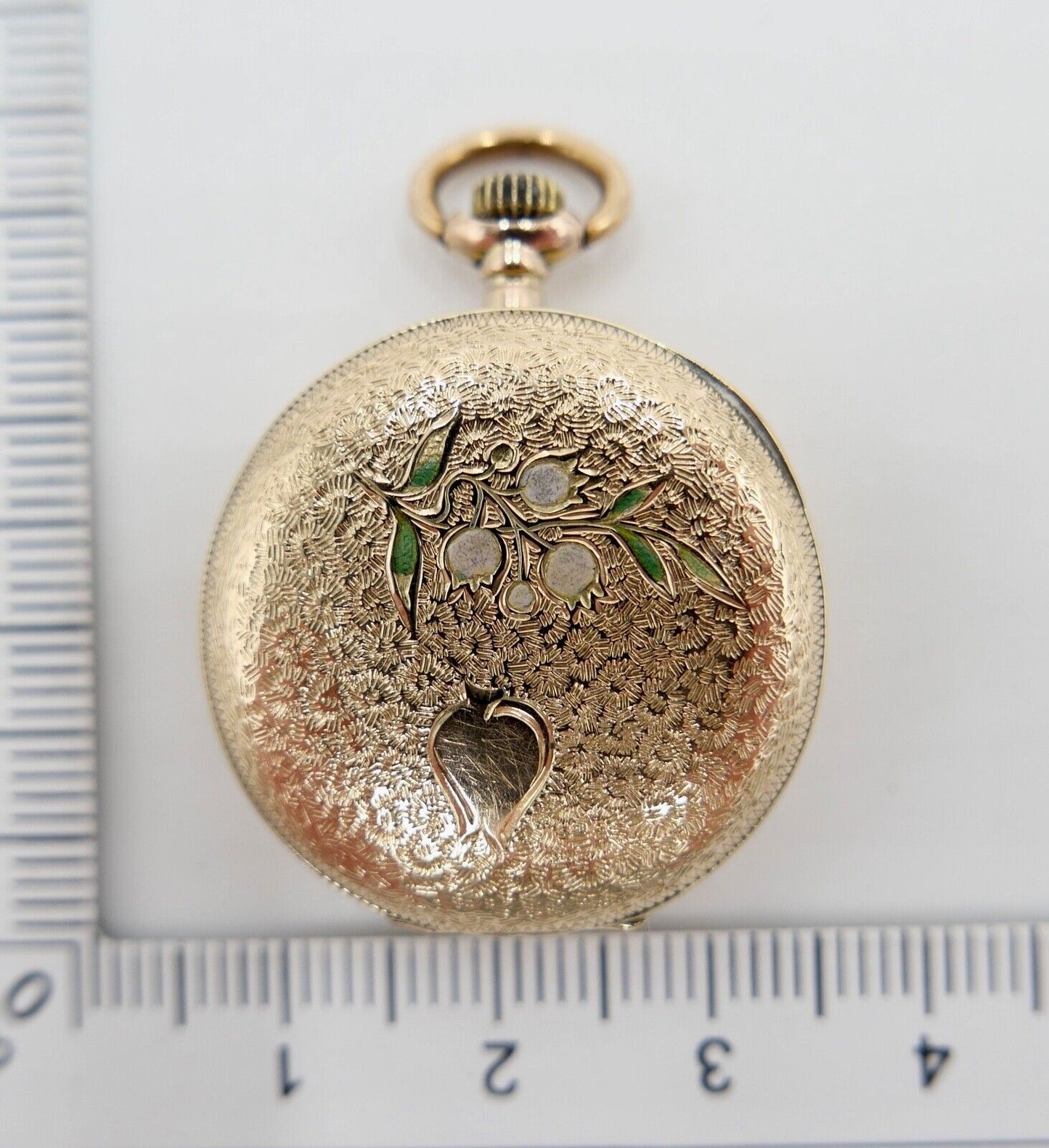 kleine BF Damen Taschenuhr 1930-40er GOLD 585 14K Schweiz Emaille floral 29mm - Antikhandel-Stuttgart