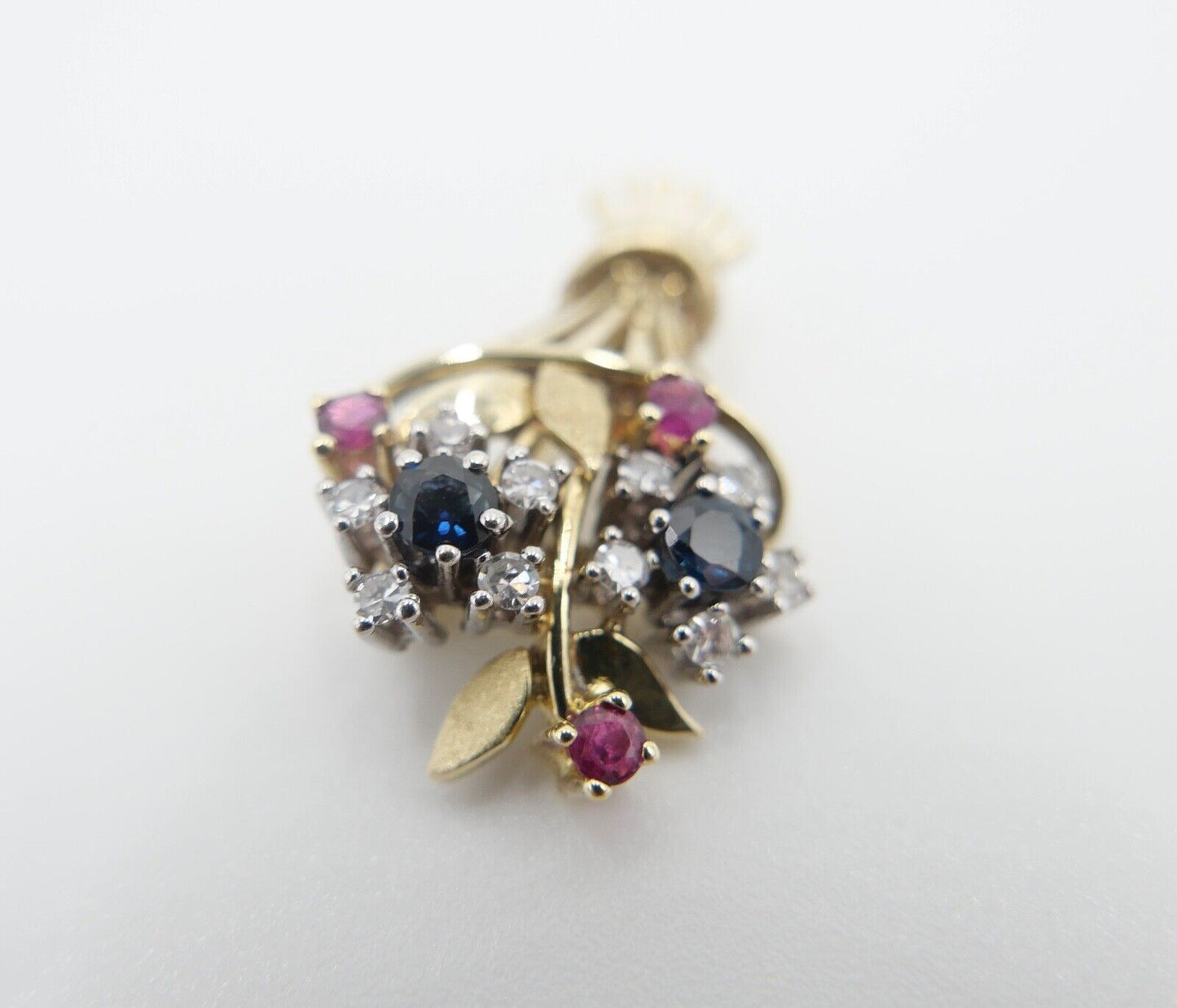 1980er florale Blumenkor 585 14K Bicolor Gold Brosche Brillanten Rubinen Saphire - Antikhandel-Stuttgart