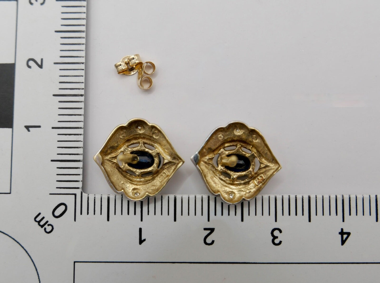 Bicolor 1970er Gold 585 14K Diamant & Saphir Ohrringe Ohrstecker Ø 13,4mm