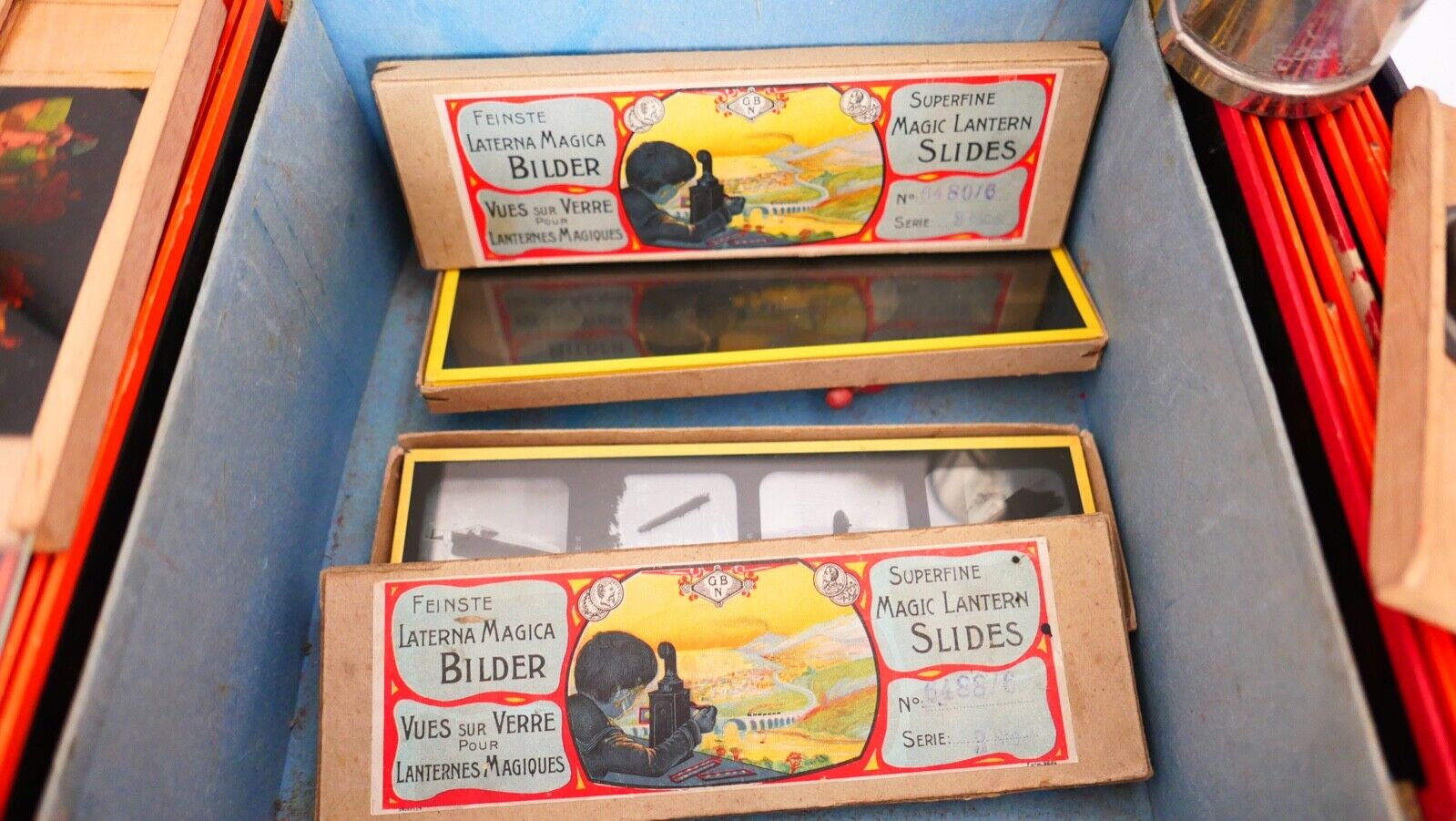 Laterna Magica GBN Gebrüder BING Nürnberg Karton 37 Glasbilder OVP 1910 Zubehör - Antikhandel-Stuttgart