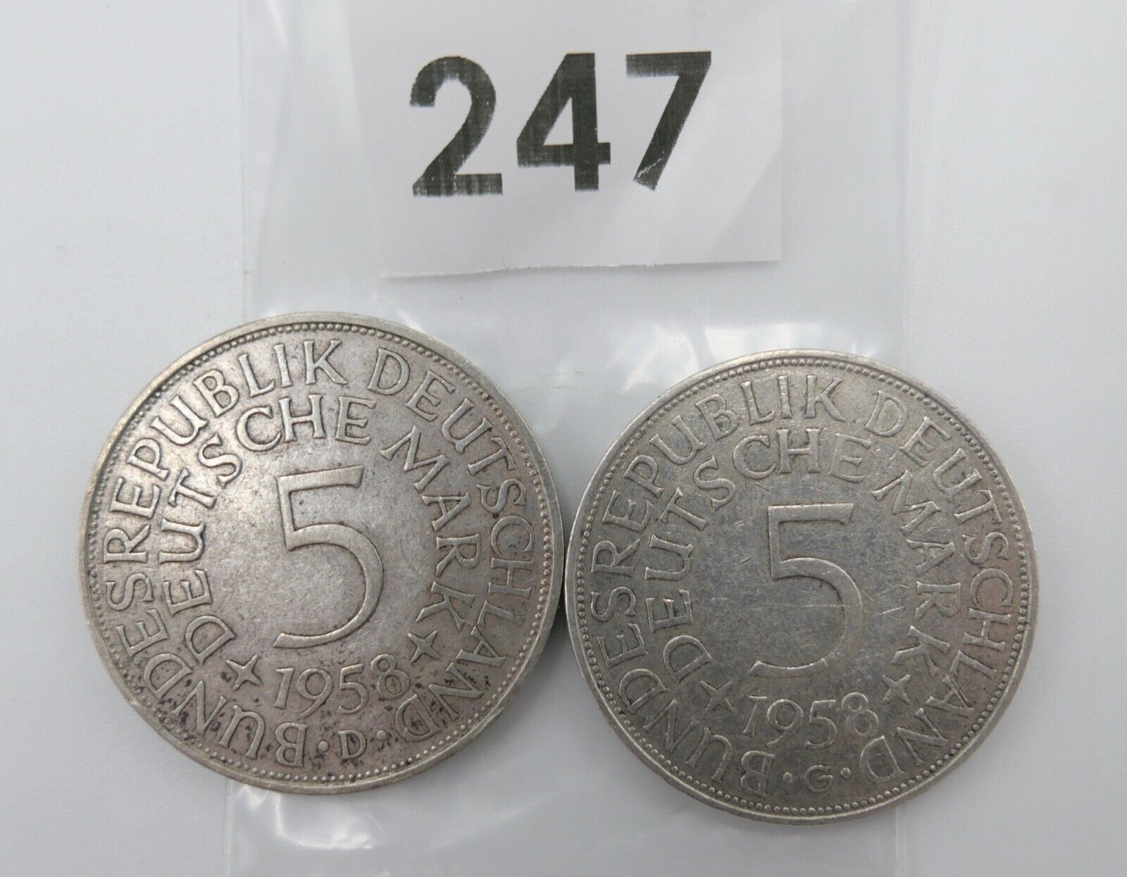 2x 5 DM 1958 D G Silbermünzen Jäger J.387 Silberadler Heiermann - Antikhandel-Stuttgart
