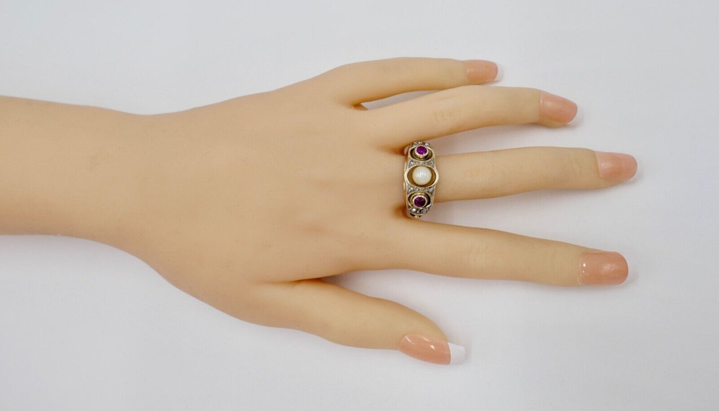 1930er Jahre Diamant Perlen Rubin Damen Gelbgold Ring 585 14K Gr.55 - Antikhandel-Stuttgart
