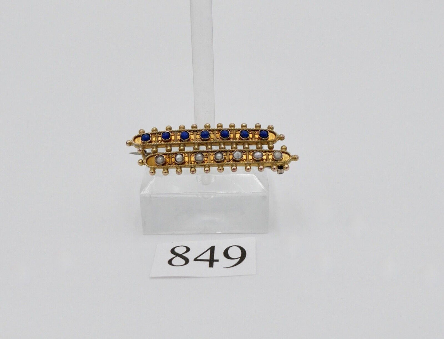 Antike 585 14K Gold Brosche Anstecknadel mit 7 Saatperlen 7 Lapis Lazuli - Antikhandel-Stuttgart