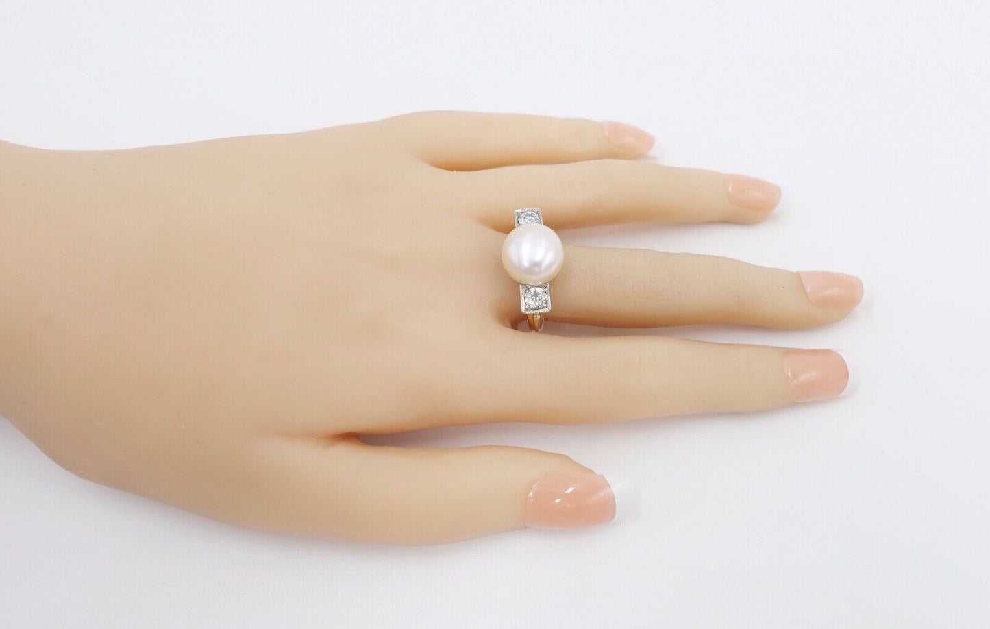 antik Damen Ring Gold 585 / 14K Gr. 56 Diamant Altschliff süßwasser Zuchtperle - Antikhandel-Stuttgart