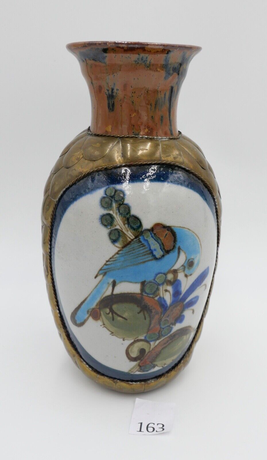 vintage unikat handbemalte Vase Messing Ton Stein Blumen Vögel Taube H: 25,7 cm - Antikhandel-Stuttgart