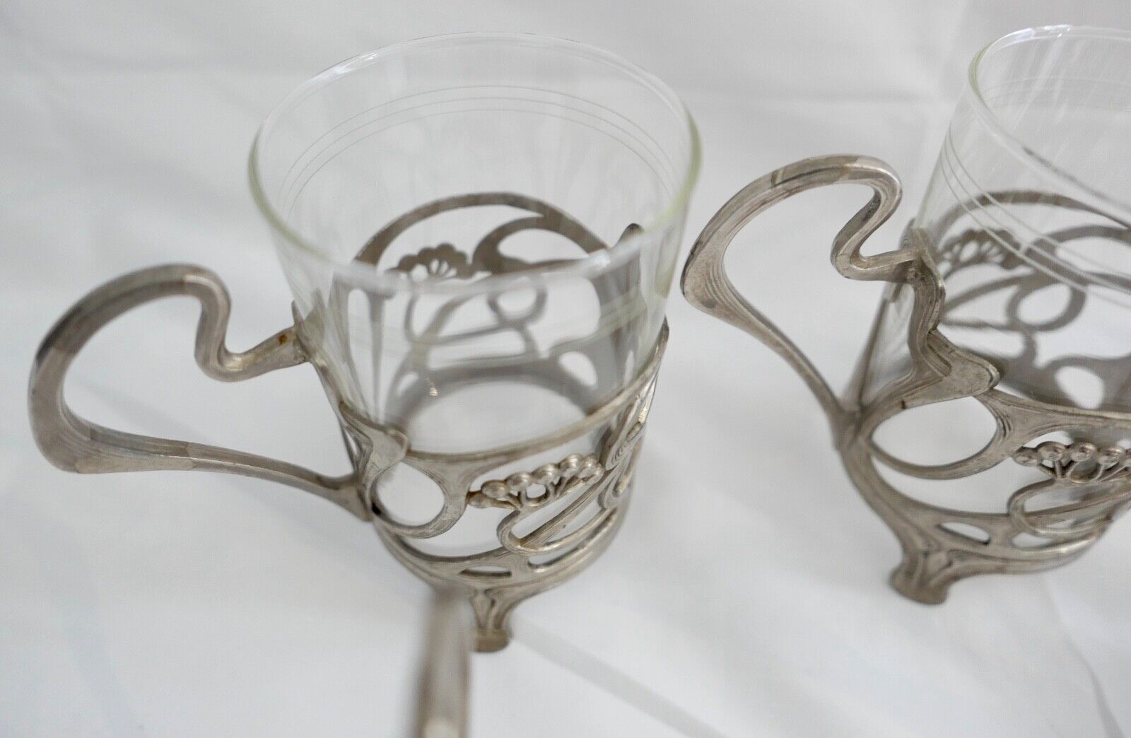 Set 6x Jugendstil Teeglashalter versilbert mit Schott Mainz JENAer Glas um 1900 - Antikhandel-Stuttgart