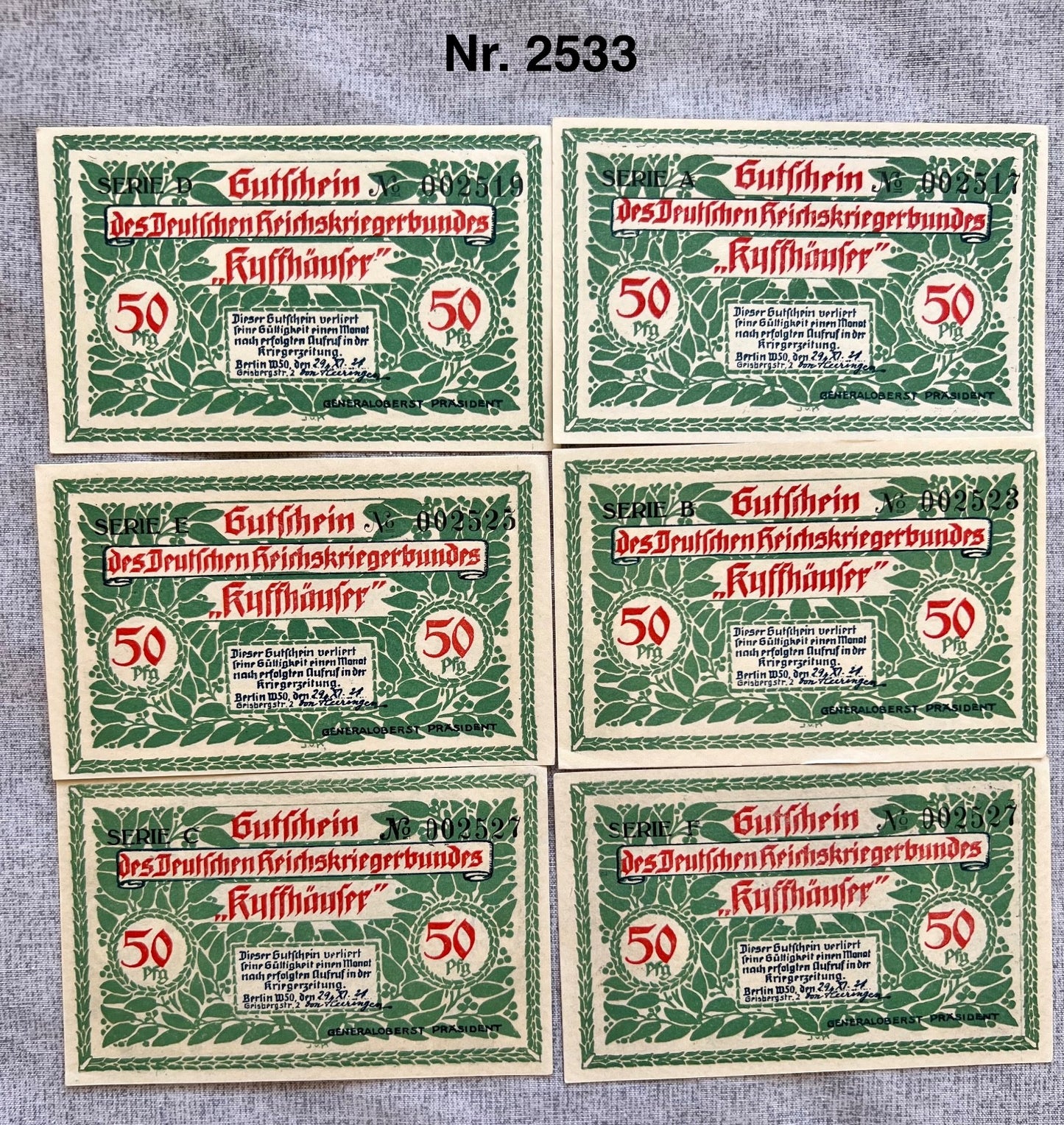 6x 50 Pfennig Gutschein Geldscheine Banknote Notgeld Kyffhäuser 1921 UNC