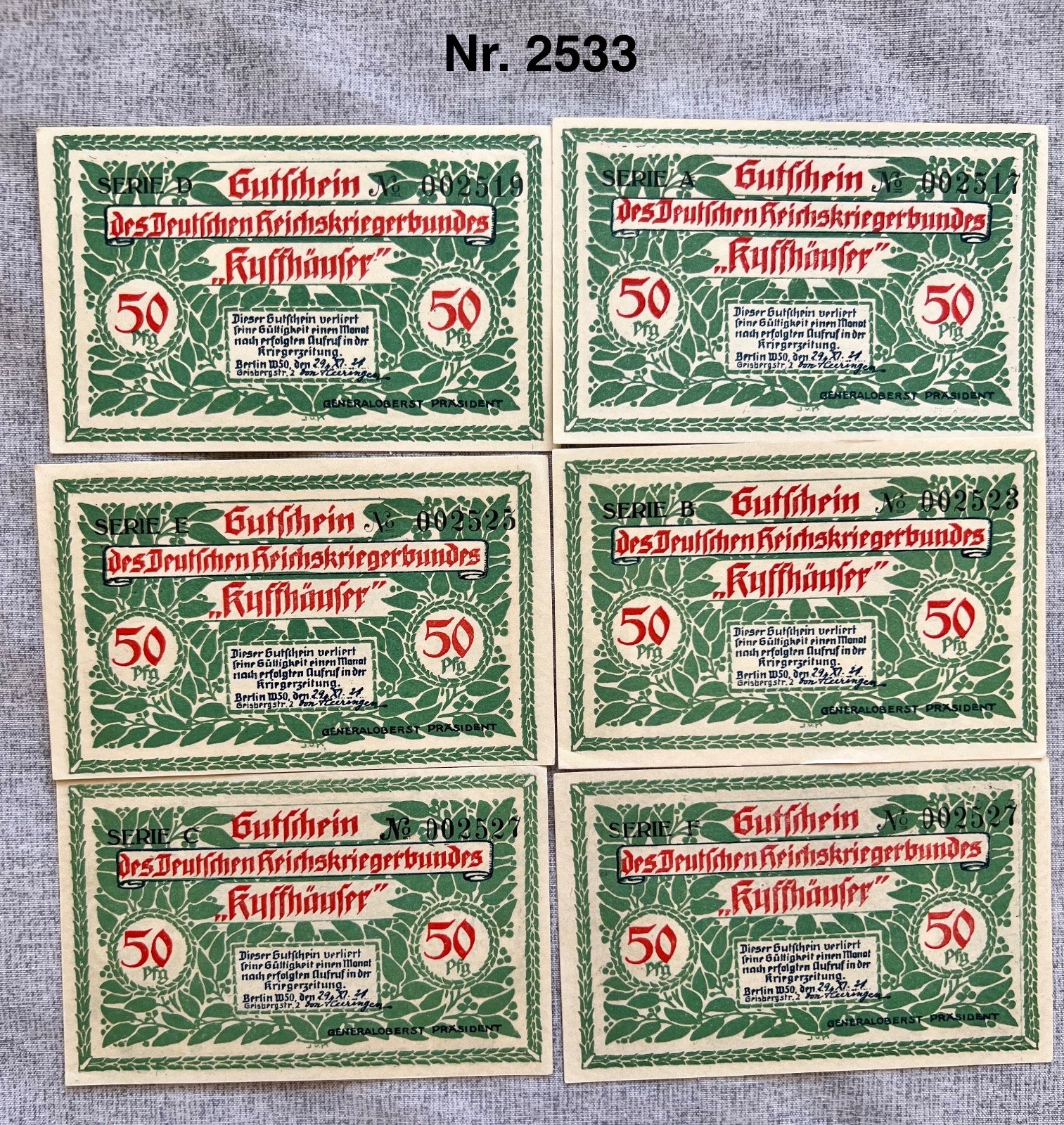6x 50 Pfennig Gutschein Geldscheine Banknote Notgeld Kyffhäuser 1921 UNC