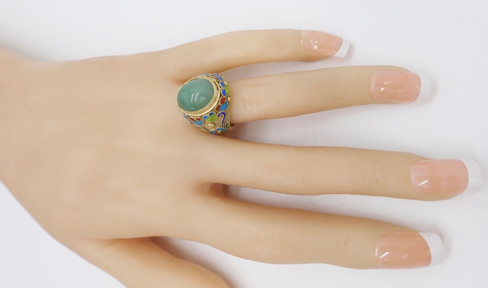 Alter Silber Ring China Silver Emaille & Jade Cabochon Email Gr. 51 vergoldet - Antikhandel-Stuttgart