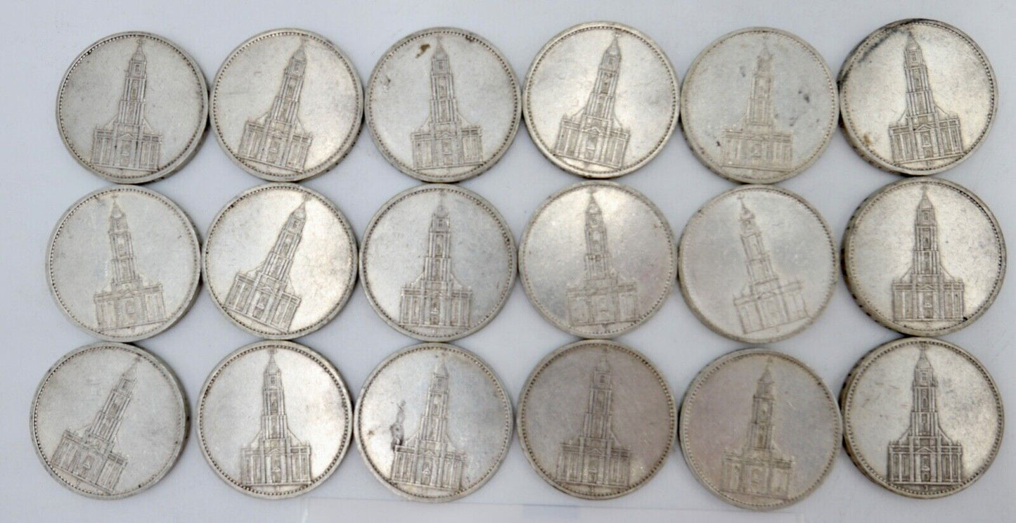 18x 5 Reichsmark 900 Silbermünzen J. 357 Garnisonskirche 1934 aus Münzrolle - Antikhandel-Stuttgart
