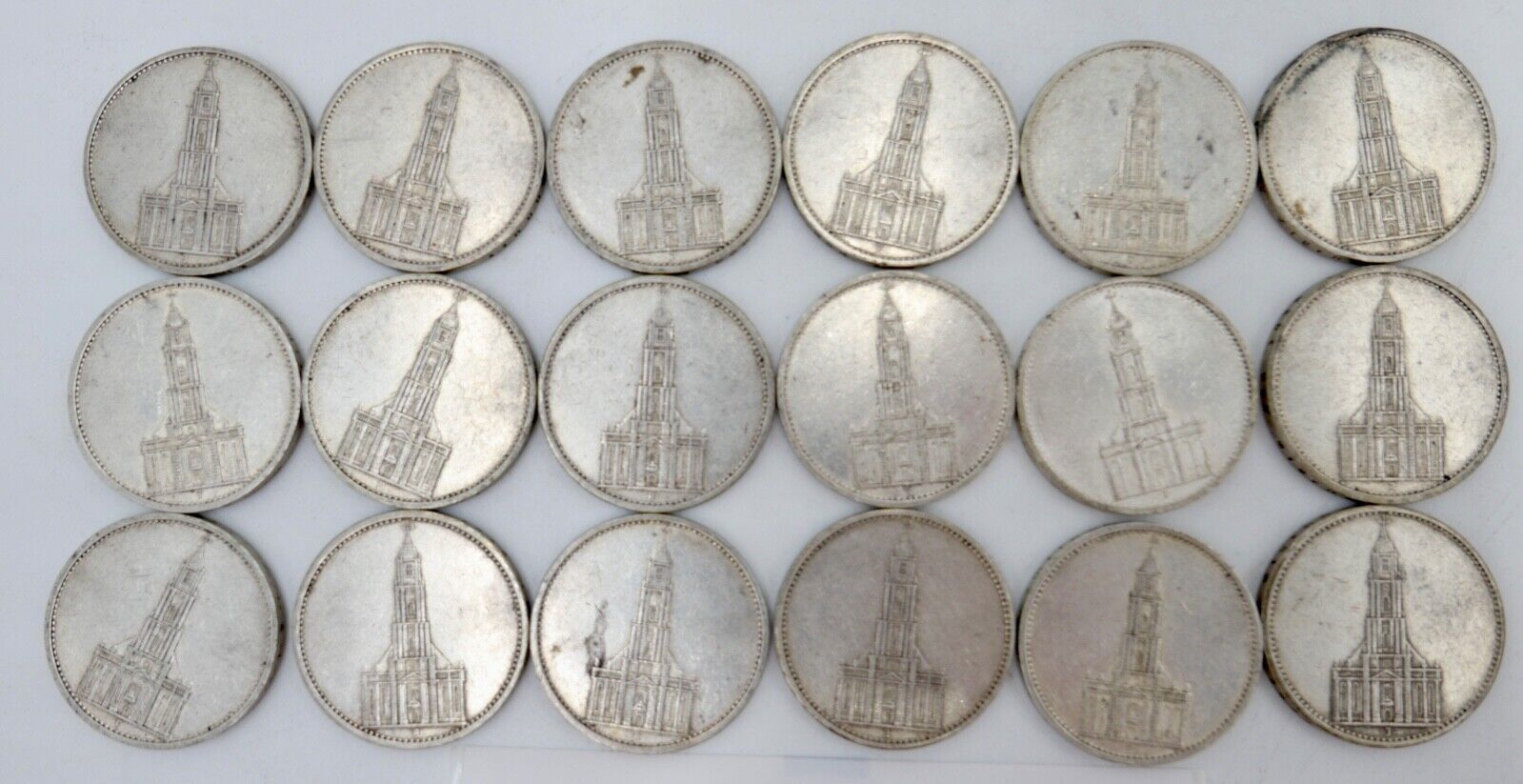 18x 5 Reichsmark 900 Silbermünzen J. 357 Garnisonskirche 1934 aus Münzrolle - Antikhandel-Stuttgart
