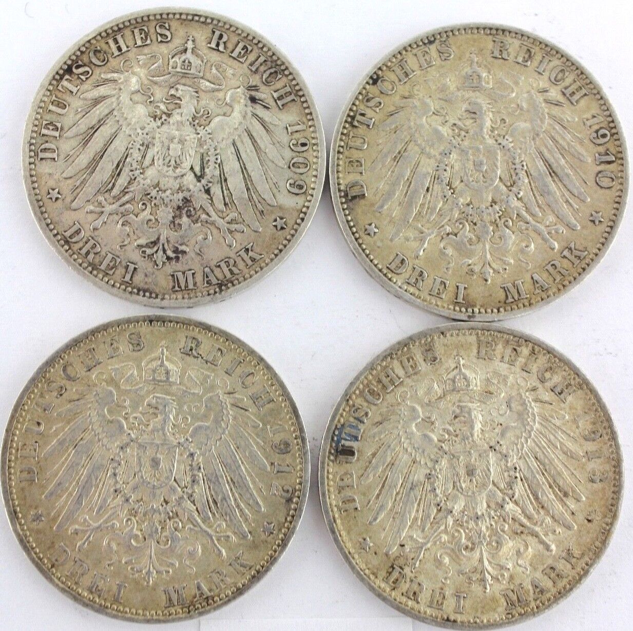4x 3 Mark " OTTO " König von Bayern 1909 1910 1912 1913 D Jäger J. 47 Silber - Antikhandel-Stuttgart