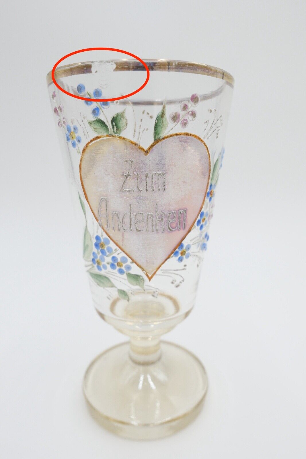 antik Glas / Becher handbemalt zum Andenken 15 cm hoch Gedenkglas - Antikhandel-Stuttgart