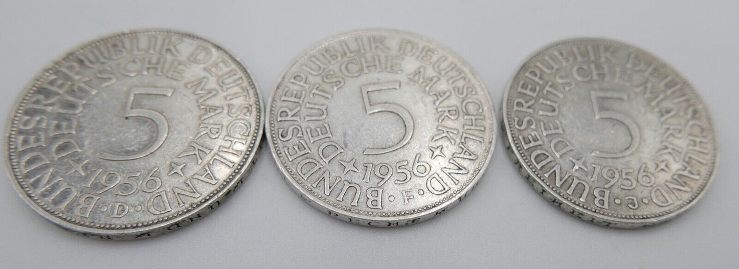 3x 5 DM 1956 J.387 Silbermünzen Silberadler Heiermann D F J - Antikhandel-Stuttgart