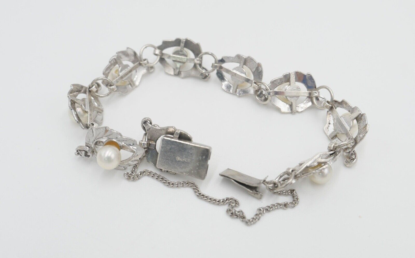 Silber Gliederarmband mit Zuchtperlen floral - Antikhandel-Stuttgart