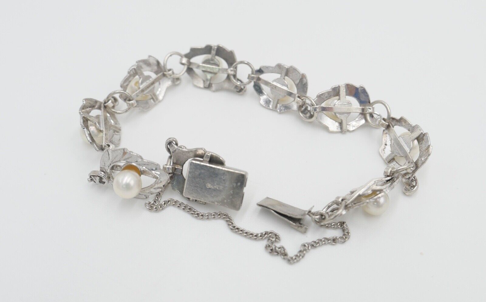 Silber Gliederarmband mit Zuchtperlen floral - Antikhandel-Stuttgart