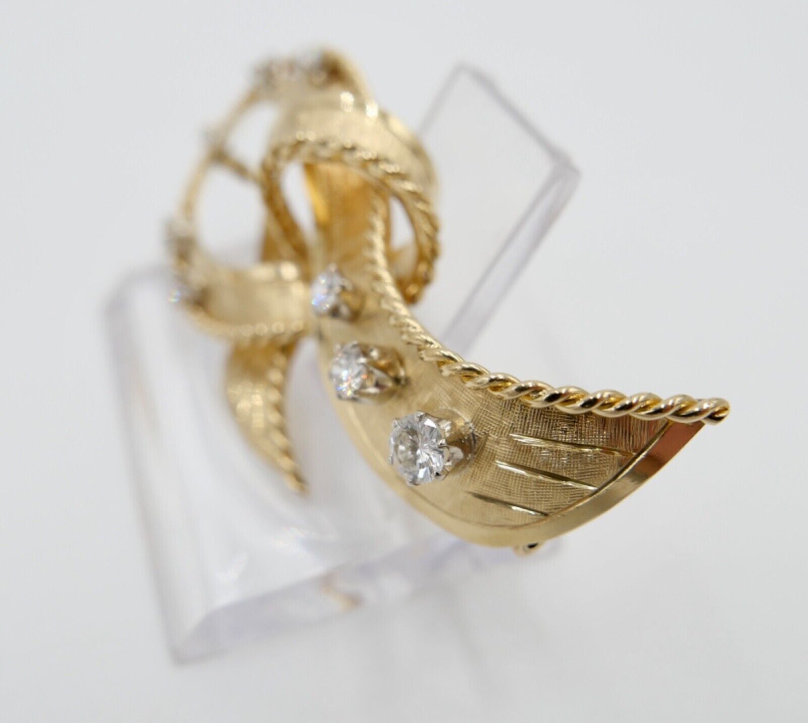 Große alte Schleifen Brosche 750 18K Gelbgold 1,34 Ctw Brillanten 66mm Punze SF - Antikhandel-Stuttgart